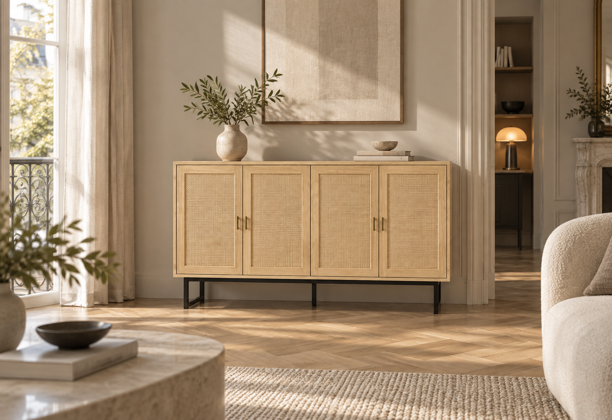 Buffet cannage tressé 140 cm dans un salon contemporain