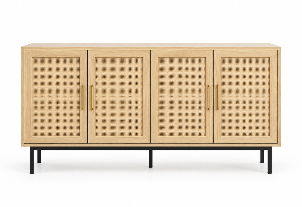 Buffet cannage tressé 140 cm quatre portes vue de face