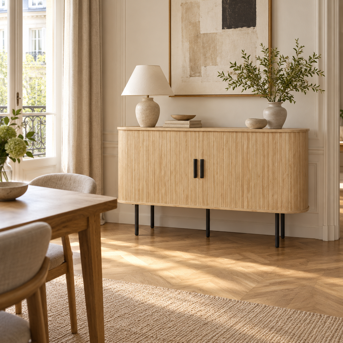 Buffet cannelé courbe 140 cm dans une salle à manger contemporaine