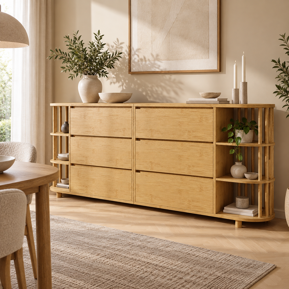 Buffet chêne 160 cm avec étagères dans une salle à manger