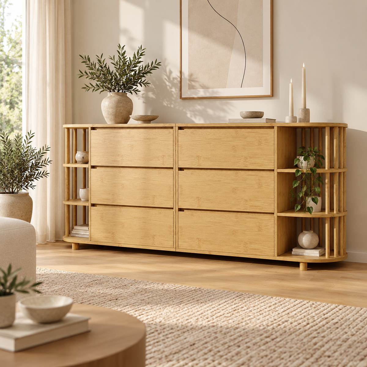 Buffet chêne 160 cm six tiroirs dans un salon contemporain