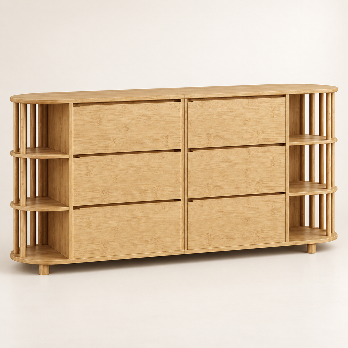 Buffet chêne 160 cm six tiroirs et étagères vue trois-quarts