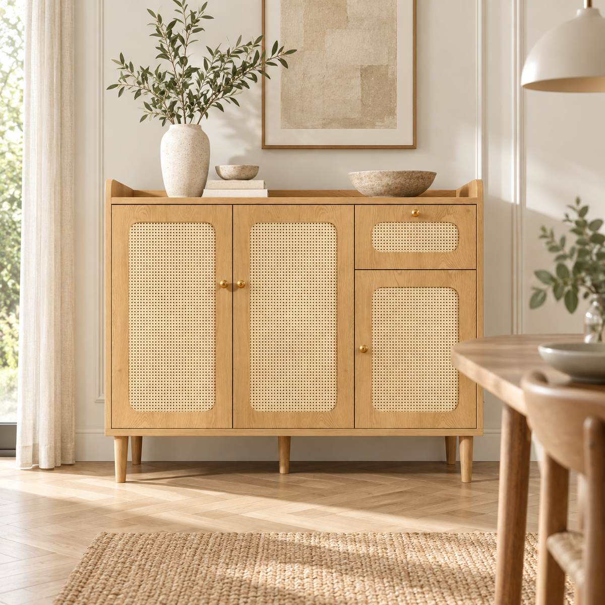Buffet chêne et cannage 120 cm dans une salle à manger contemporaine
