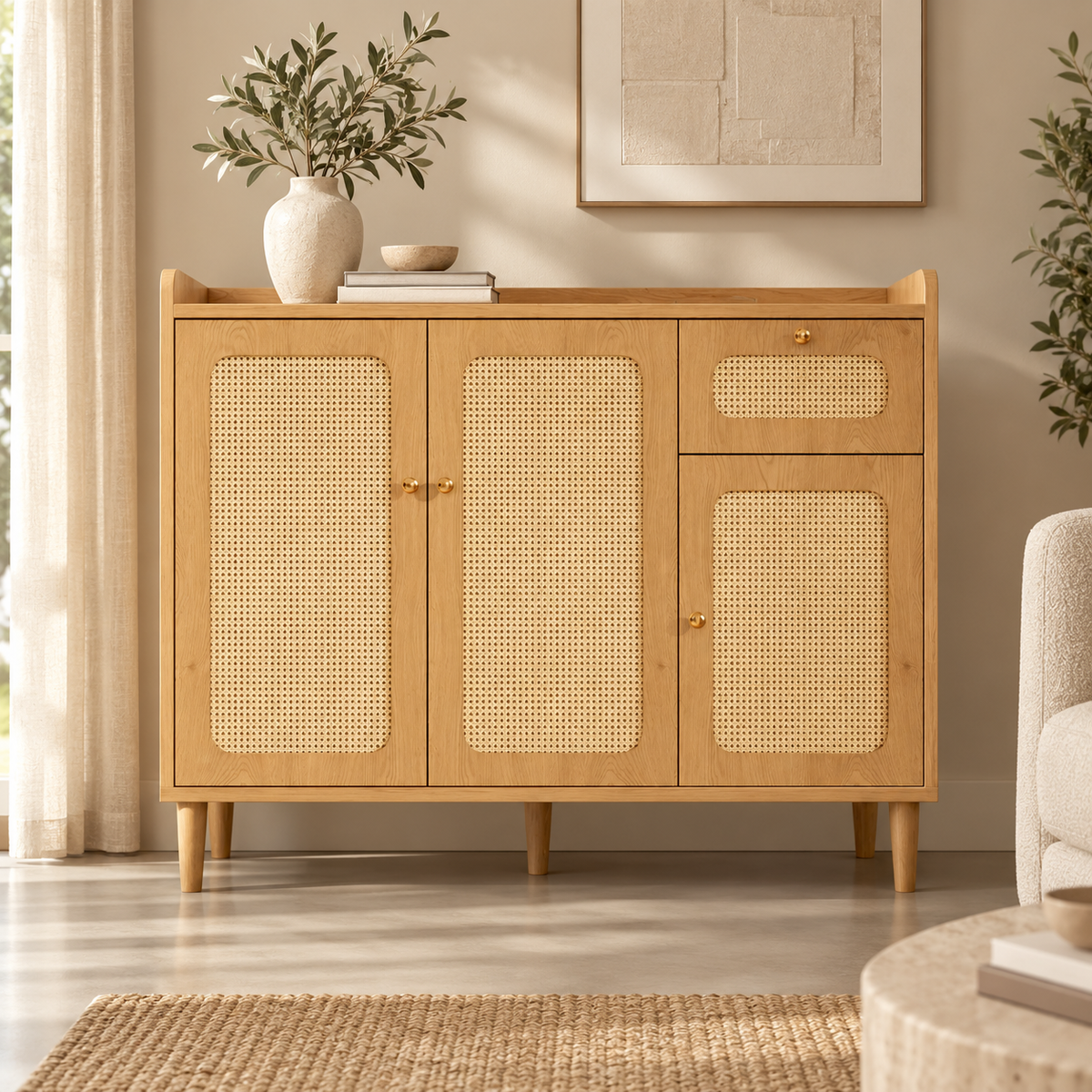 Buffet chêne et cannage 120 cm dans un salon contemporain