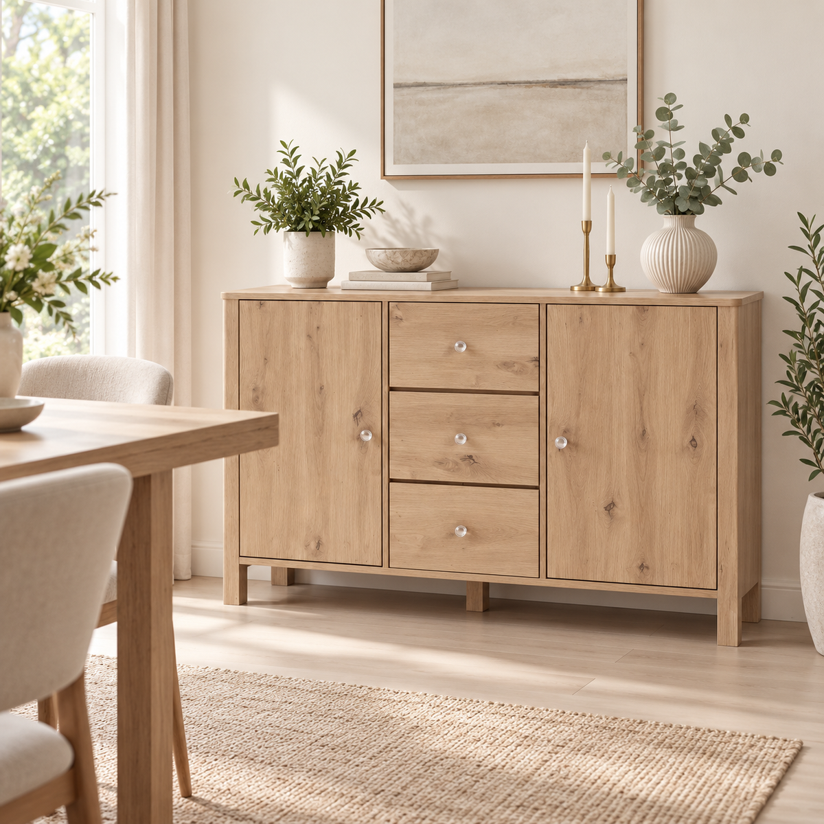 Buffet chêne clair 120 cm dans une salle à manger contemporaine