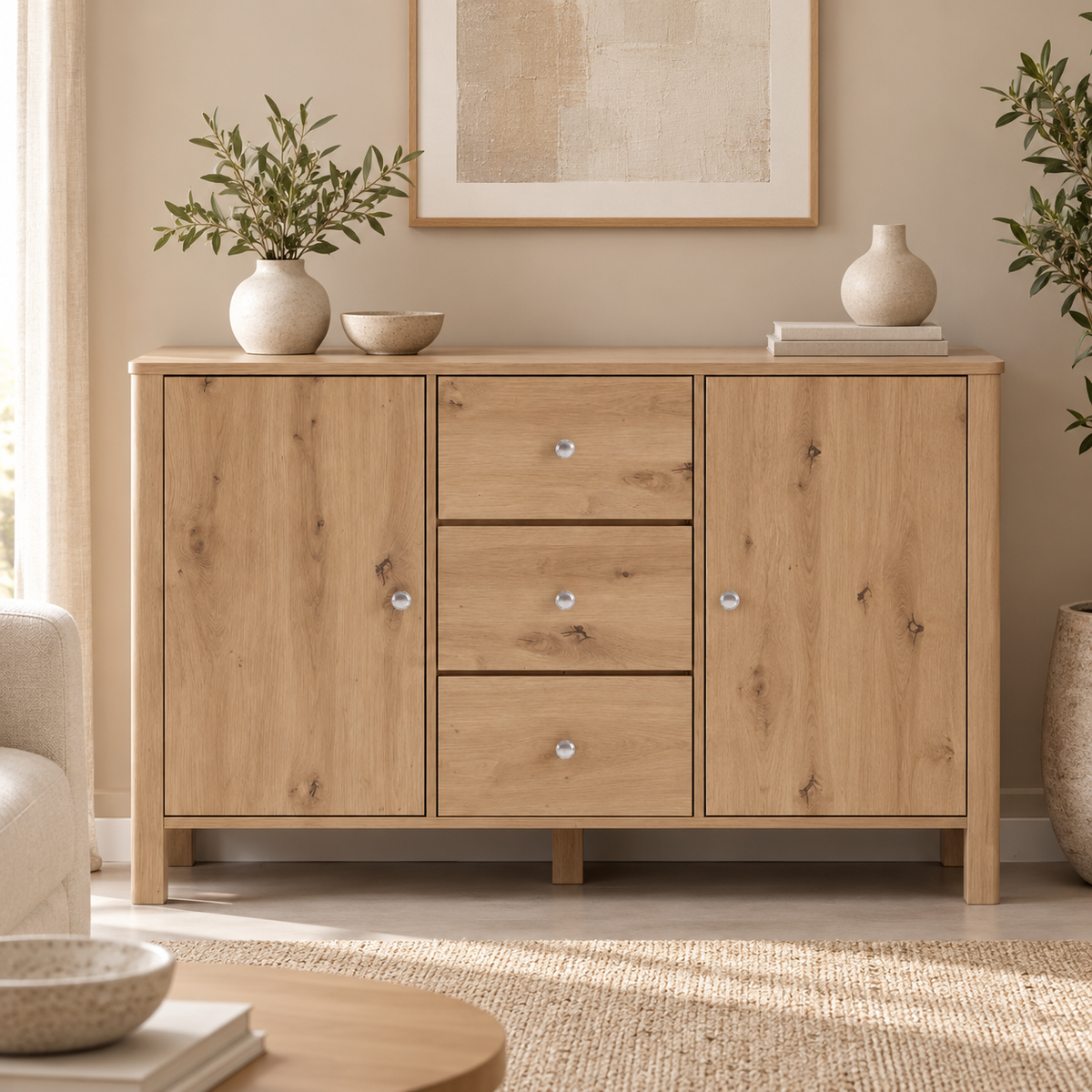 Buffet chêne clair 120 cm dans un salon contemporain