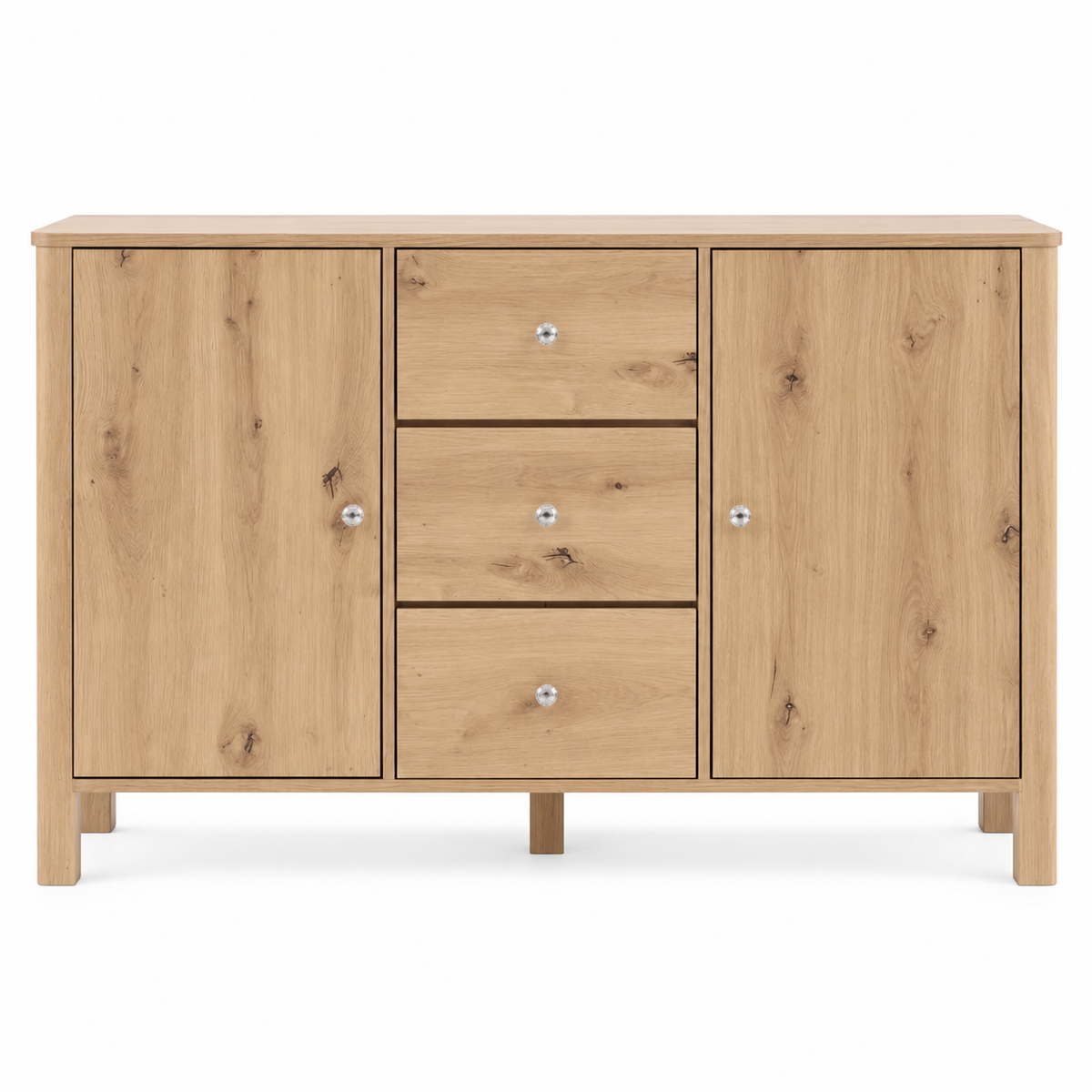Buffet chêne clair 120 cm deux portes trois tiroirs vue de face