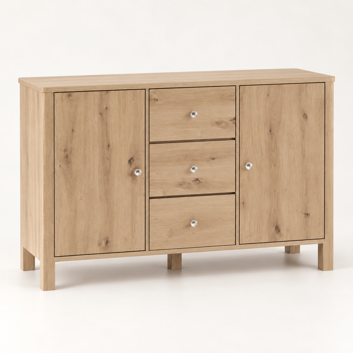 Buffet chêne clair 120 cm deux portes trois tiroirs vue trois-quarts