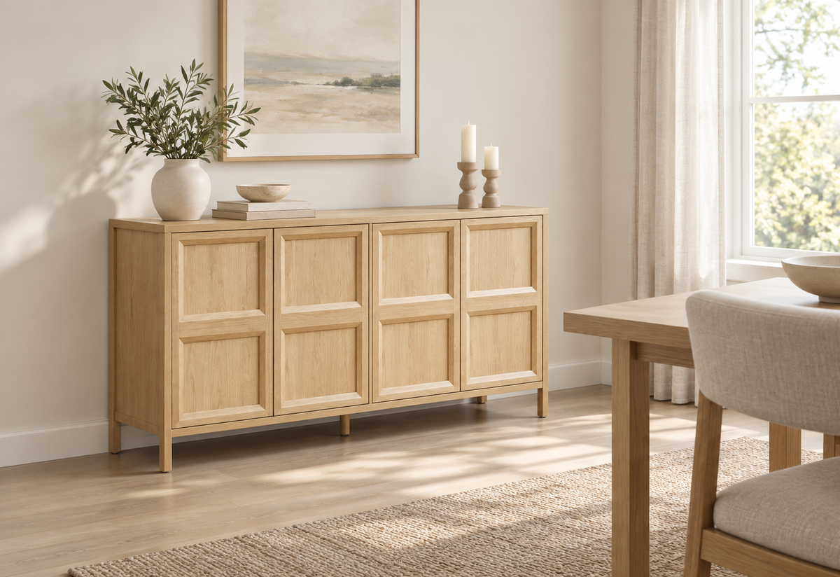 Buffet chêne clair 160 cm dans une salle à manger contemporaine