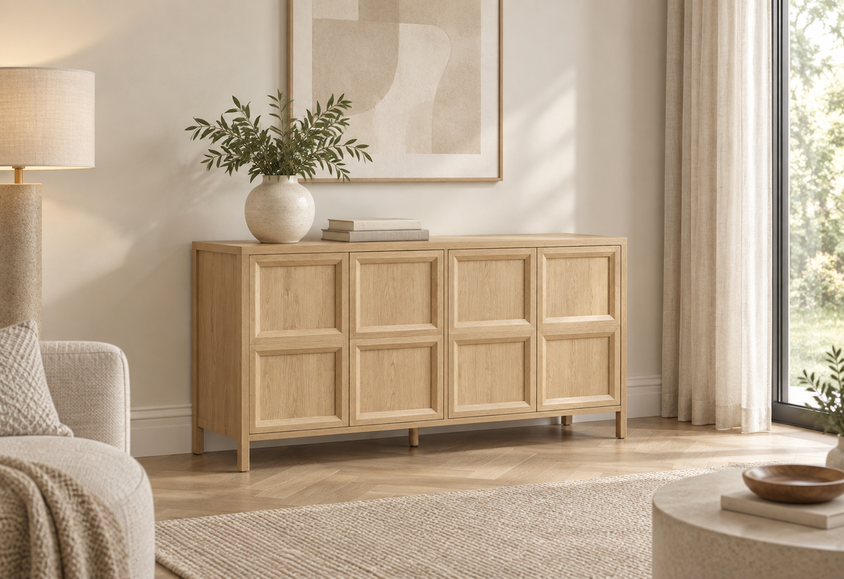 Buffet chêne clair 160 cm dans un salon contemporain
