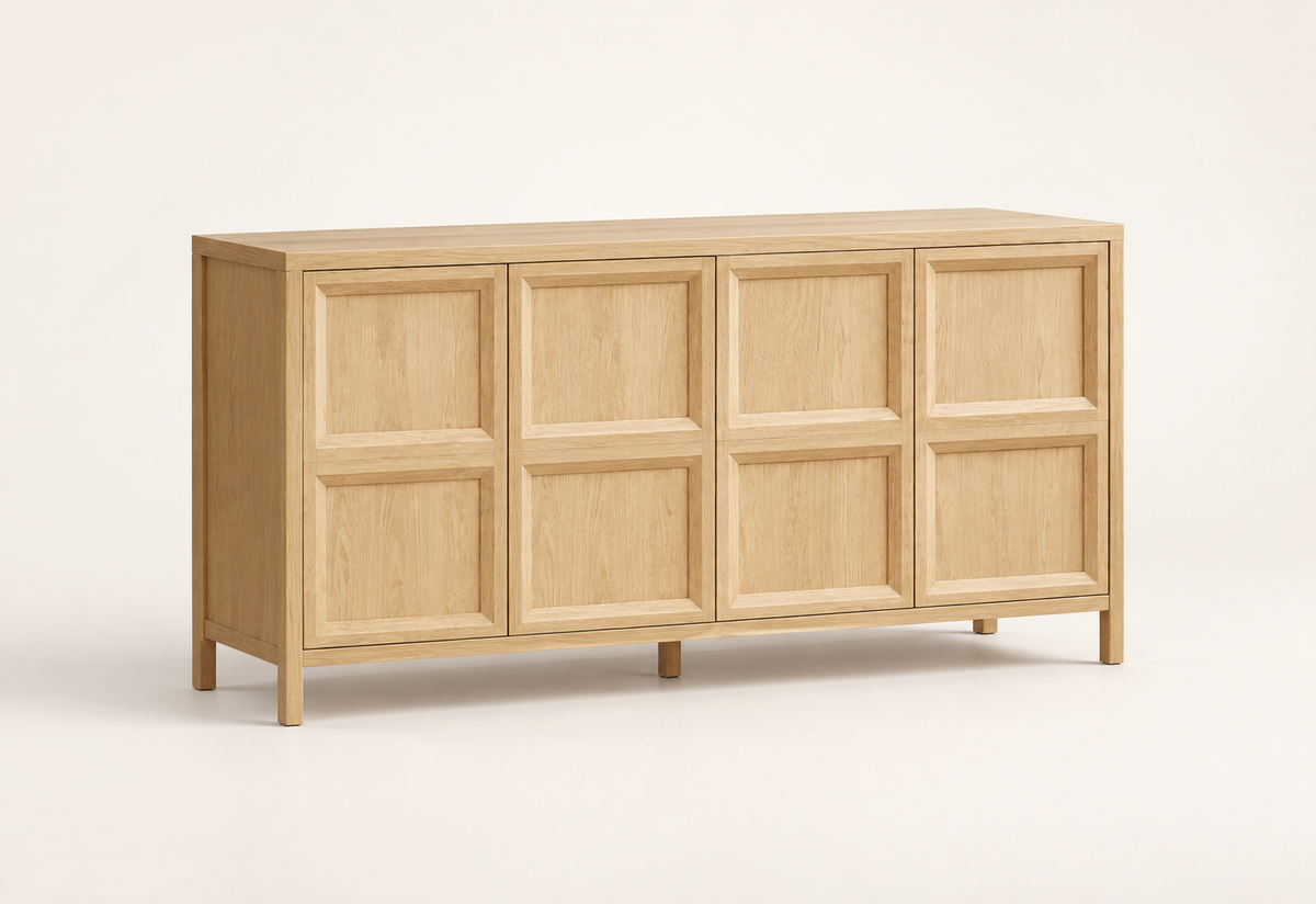 Buffet chêne clair 160 cm quatre portes vue trois-quarts