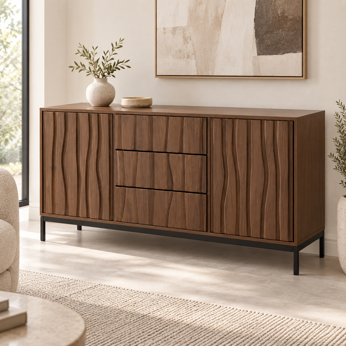 Buffet chêne foncé 150 cm dans un salon contemporain