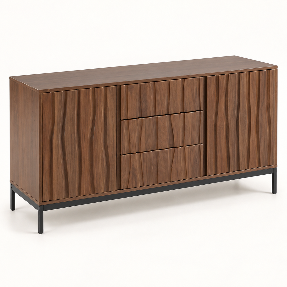 Buffet chêne foncé 150 cm deux portes trois tiroirs vue trois-quarts