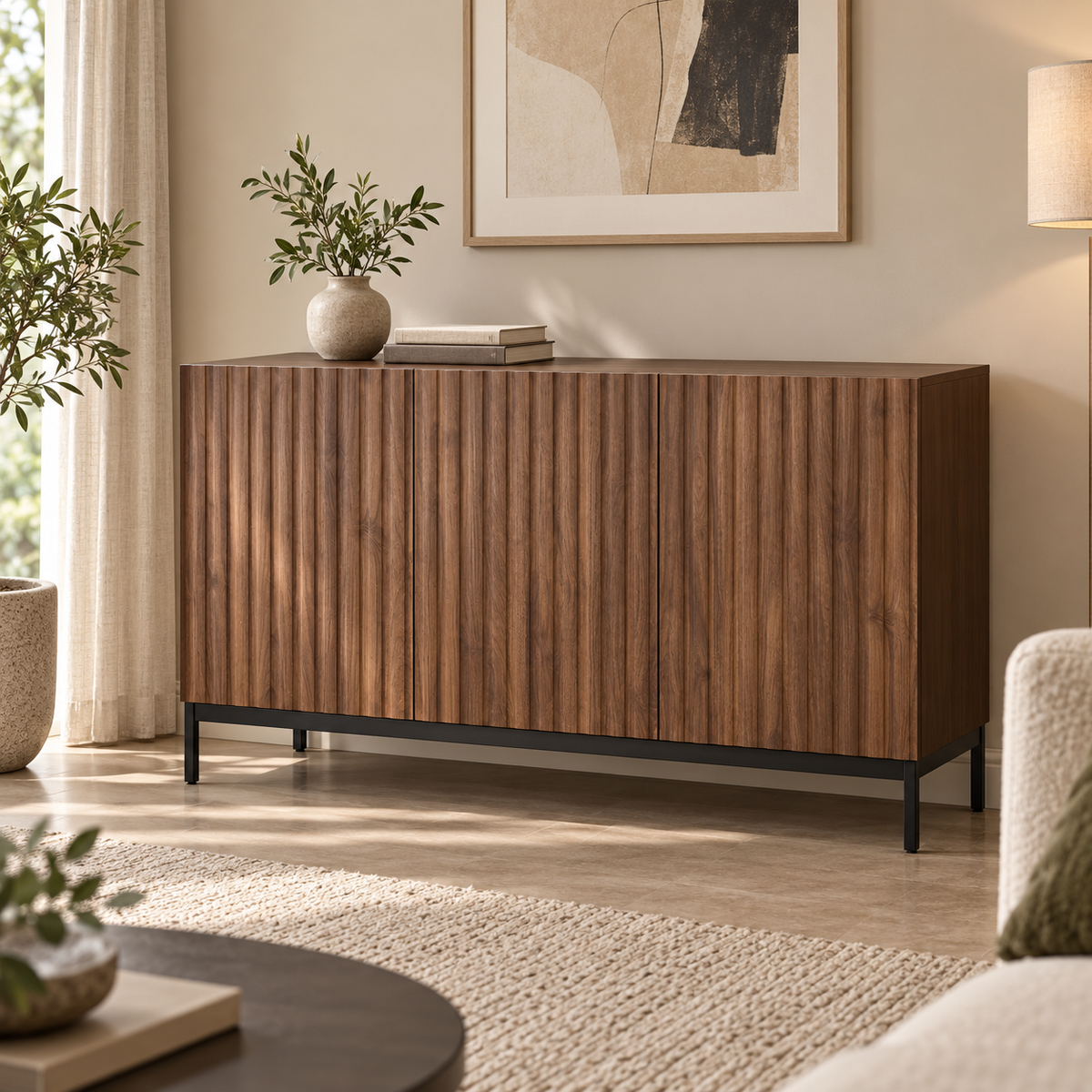 Buffet chêne foncé ondulé 150 cm dans un salon contemporain