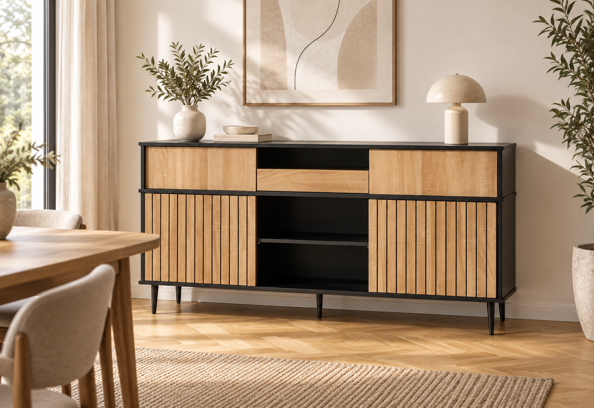 Buffet chêne et noir 160 cm dans une salle à manger contemporaine