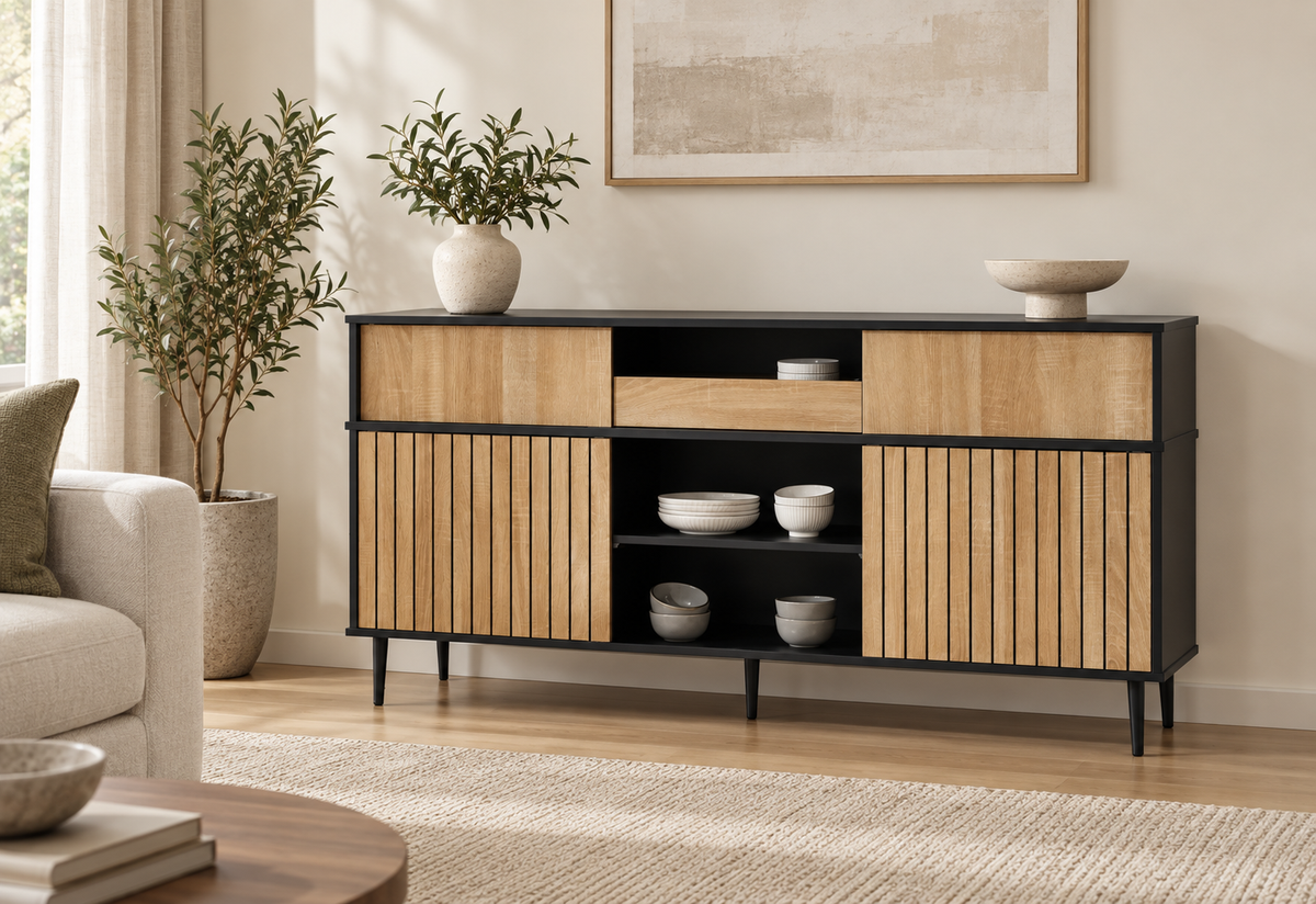 Buffet chêne et noir 160 cm dans un salon contemporain