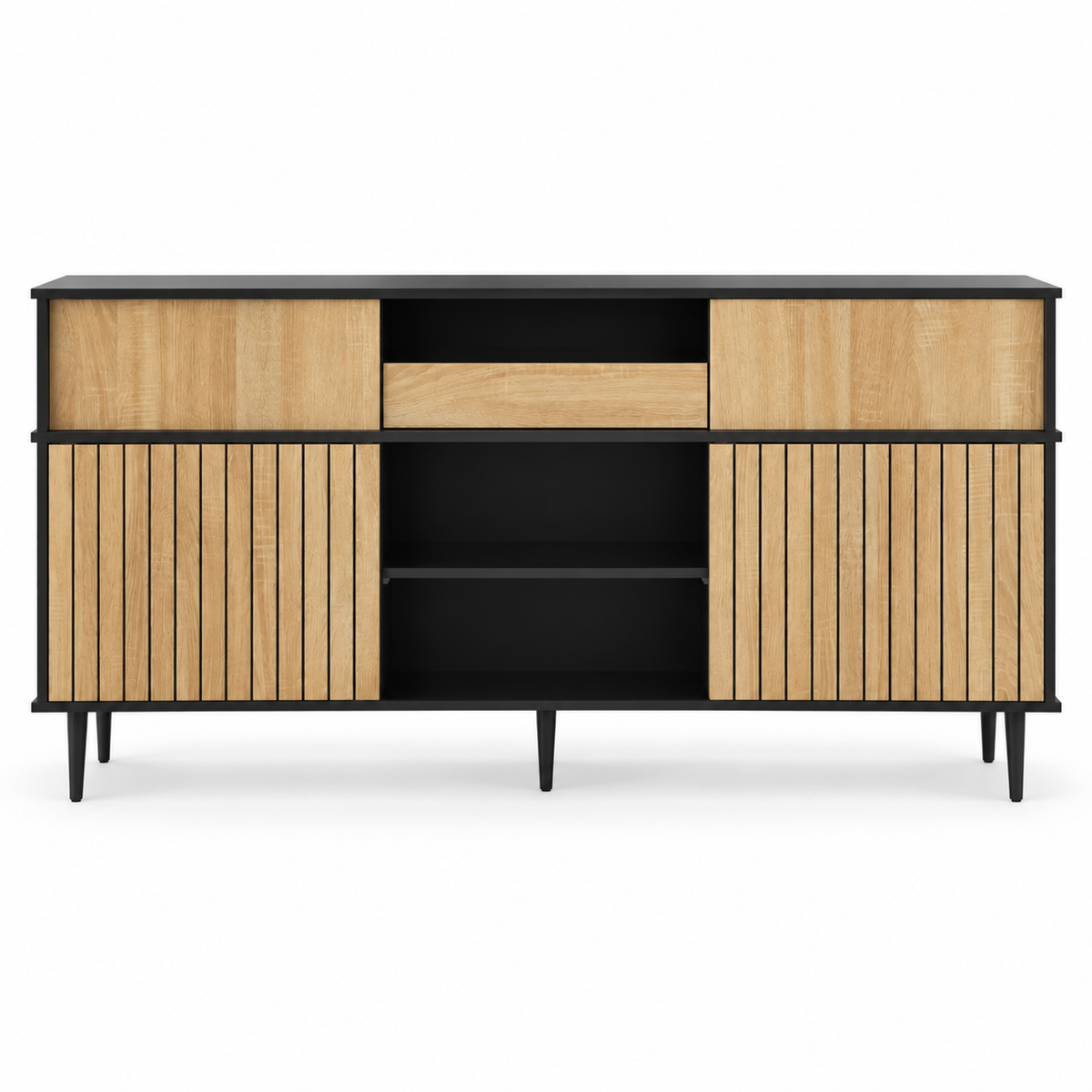 Buffet chêne et noir 160 cm quatre portes coulissantes vue de face