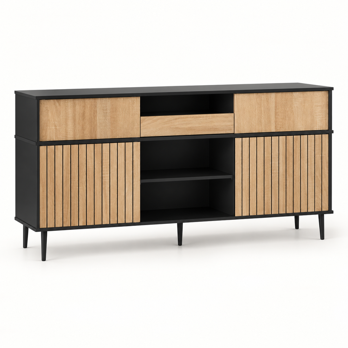 Buffet chêne et noir 160 cm quatre portes coulissantes vue trois-quarts