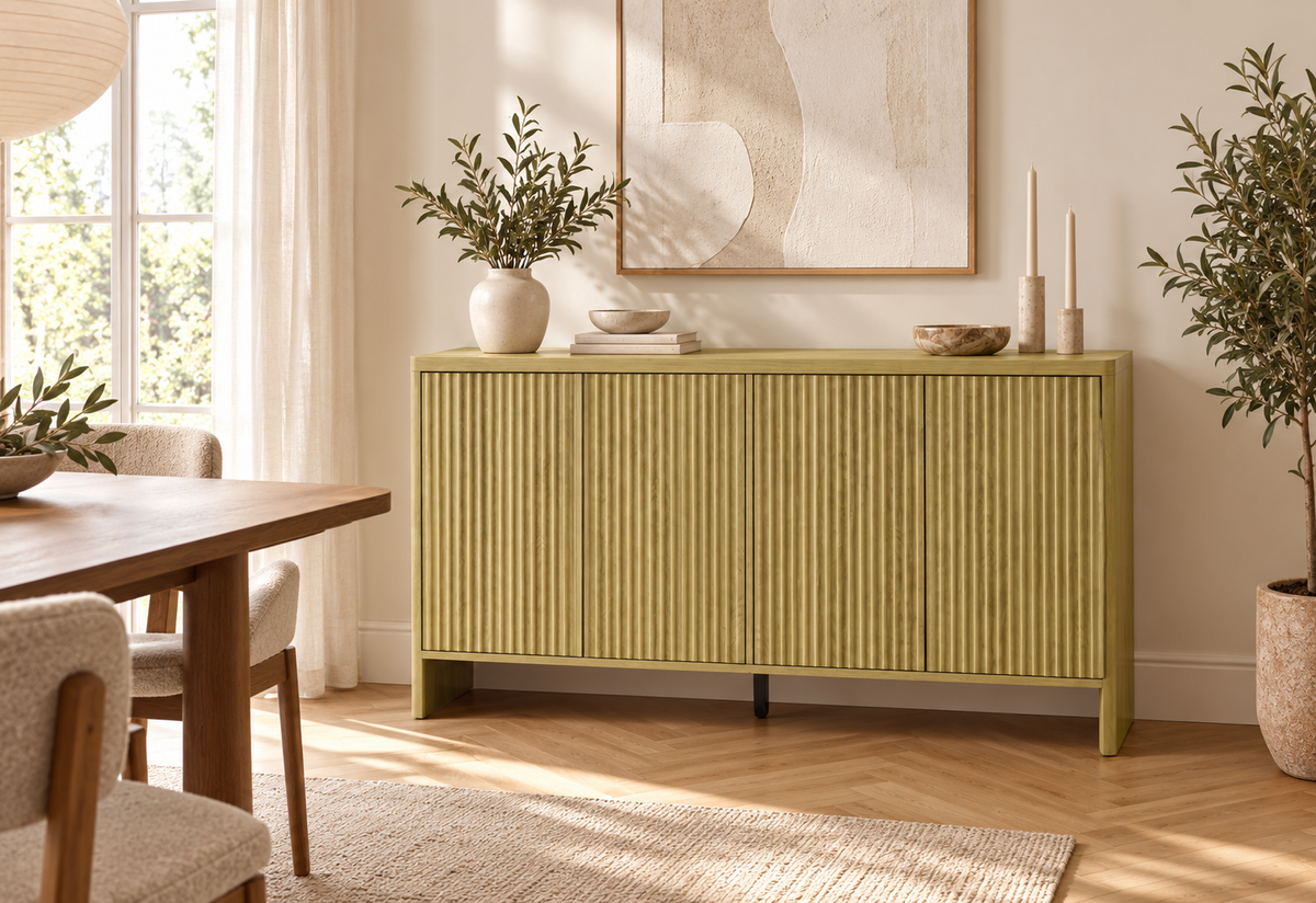Buffet chêne rainuré 147 cm dans une salle à manger contemporaine