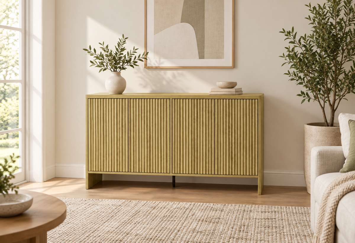 Buffet chêne rainuré 147 cm dans un salon contemporain