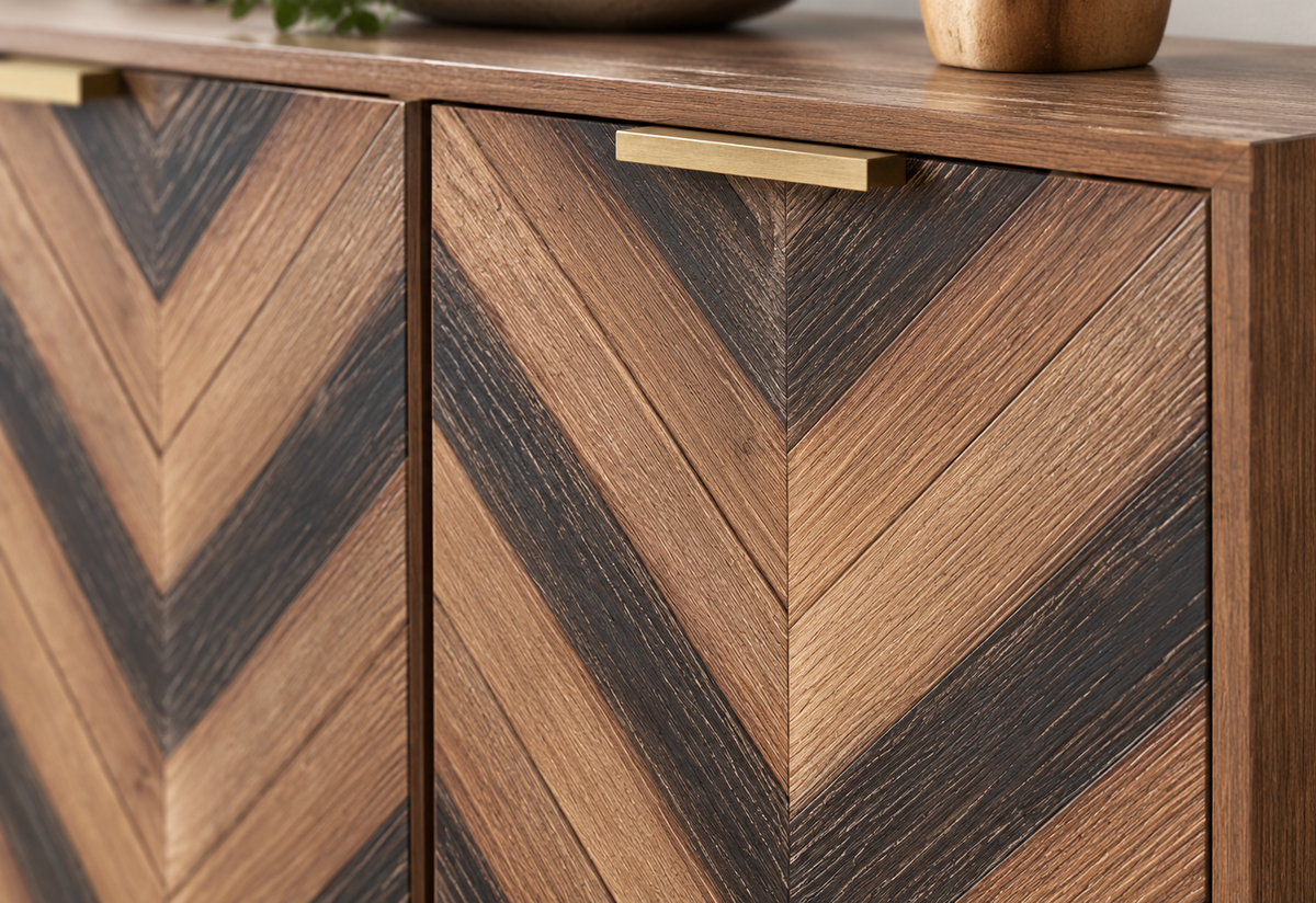 Détail du motif chevrons et de la poignée dorée du buffet 160 cm