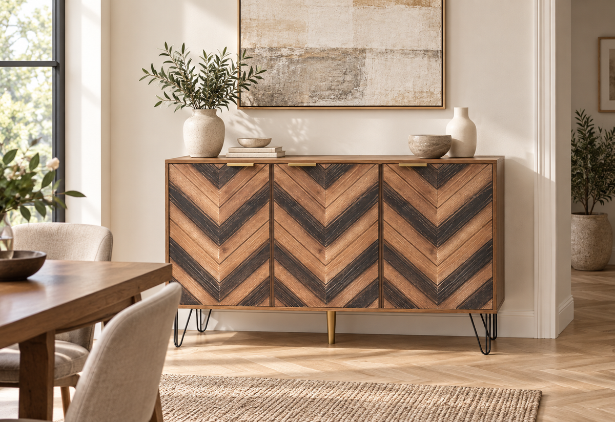 Buffet chevrons 160 cm dans une salle à manger contemporaine