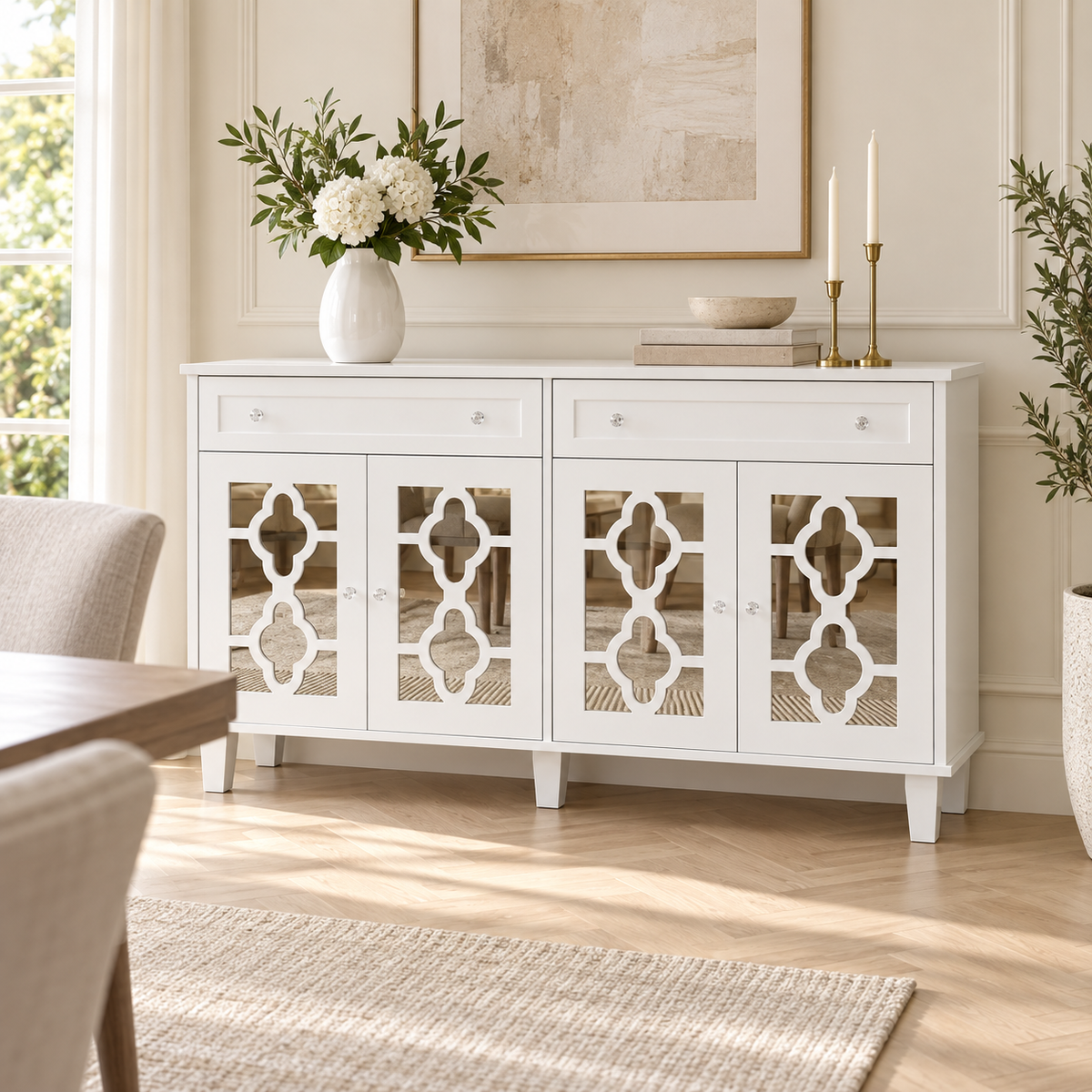 Buffet miroir blanc 140 cm dans une salle à manger contemporaine