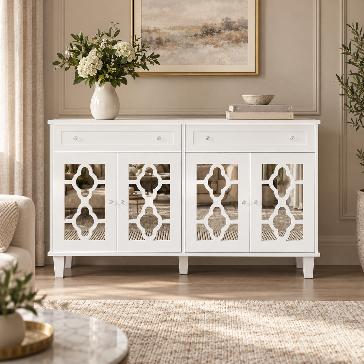 Buffet miroir blanc 140 cm dans un salon élégant