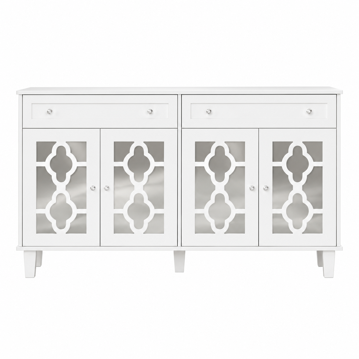 Buffet miroir blanc 140 cm quatre portes et deux tiroirs vue de face