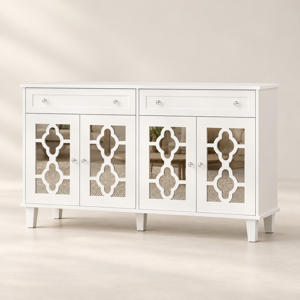 Buffet miroir blanc 140 cm quatre portes et deux tiroirs vue trois-quarts