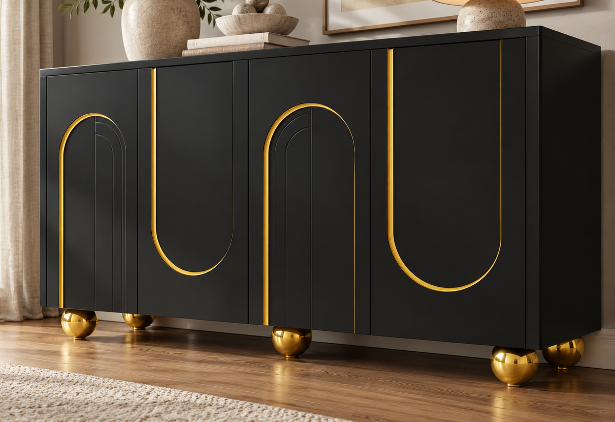 Détail des arches dorées et des pieds sphériques du buffet noir 140 cm