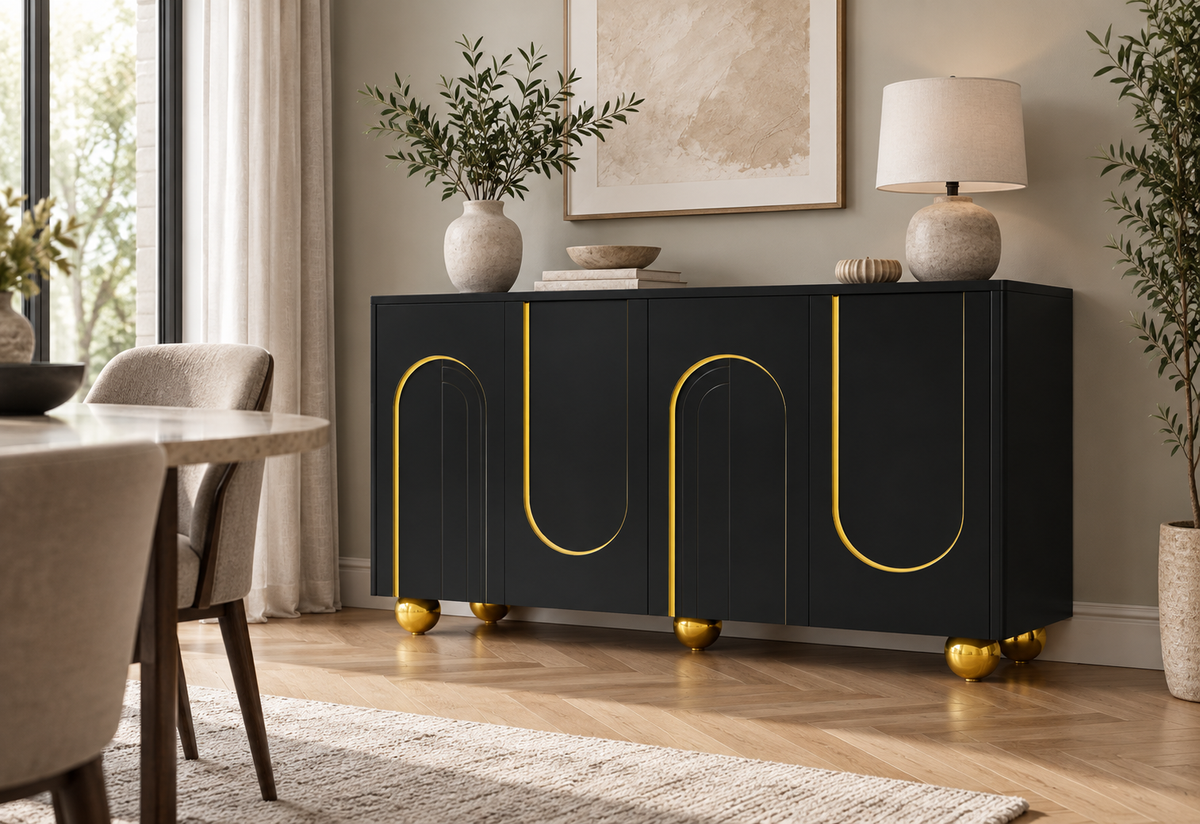 Buffet noir à arches dorées 140 cm dans une salle à manger contemporaine