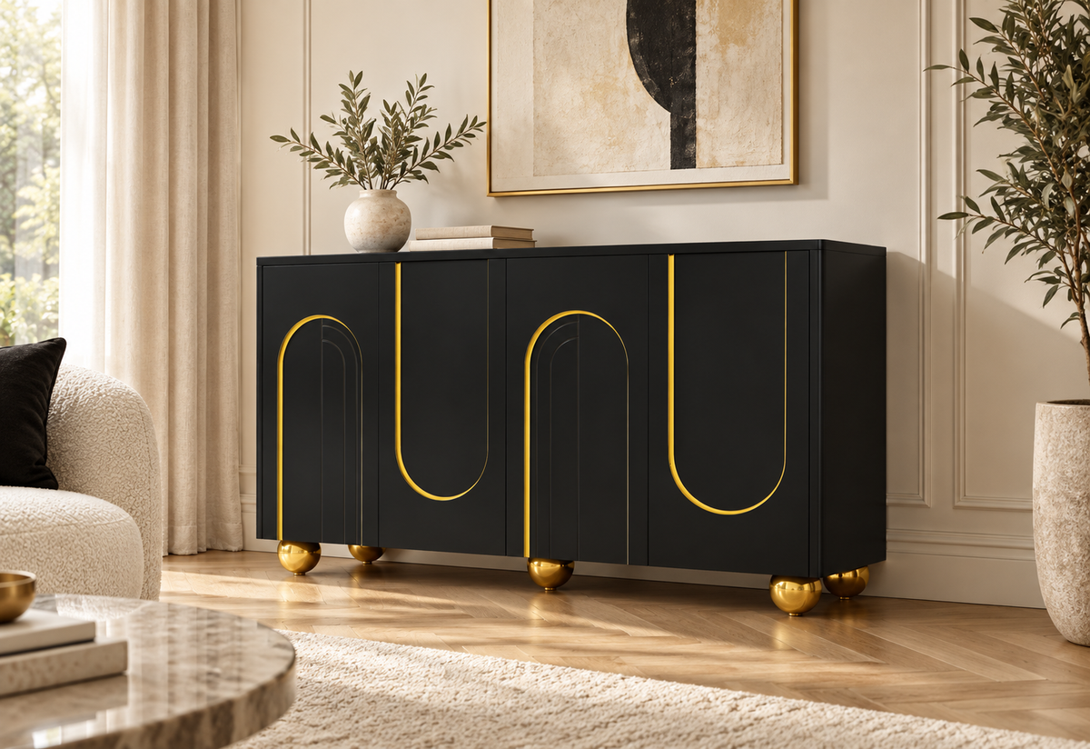 Buffet noir à arches dorées 140 cm dans un salon contemporain