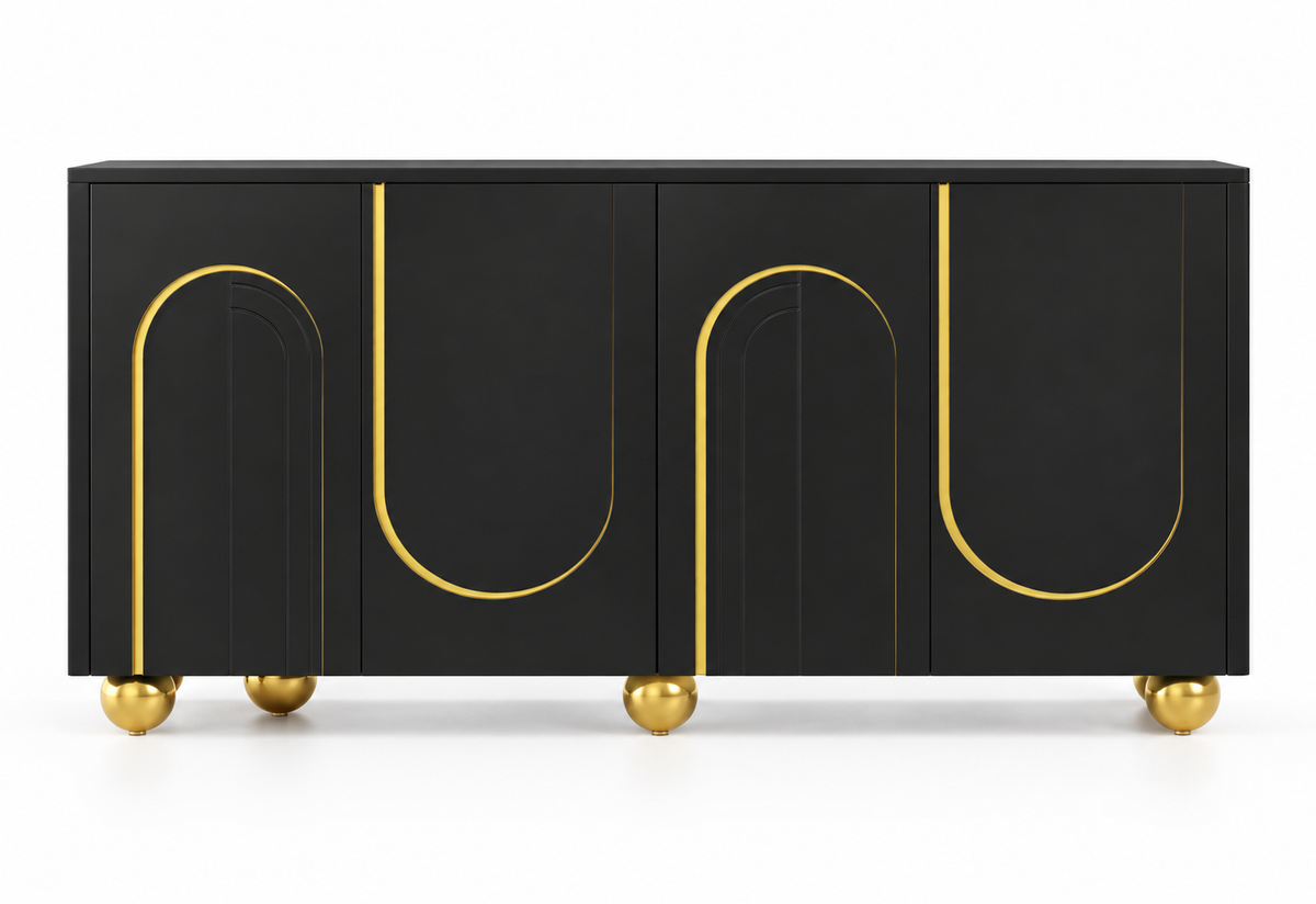 Buffet noir 140 cm quatre portes avec arches dorées vue de face