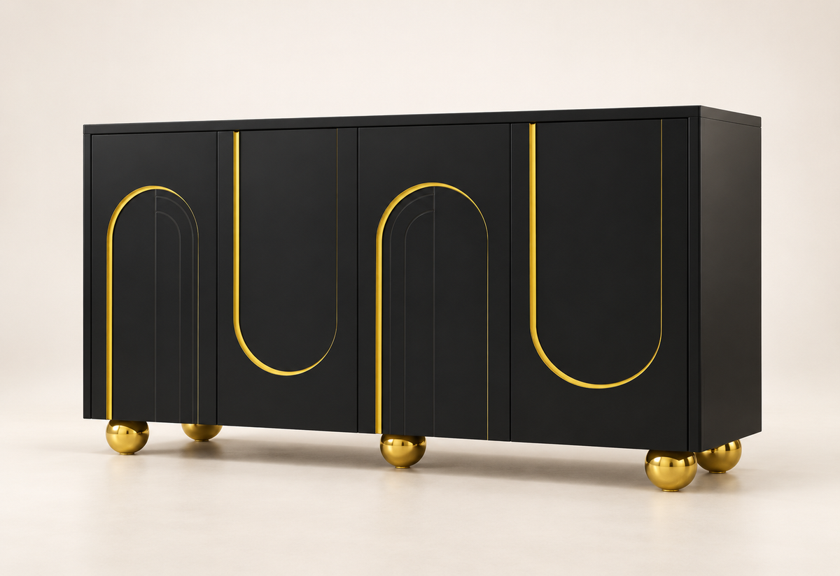 Buffet noir 140 cm quatre portes avec arches dorées vue trois-quarts