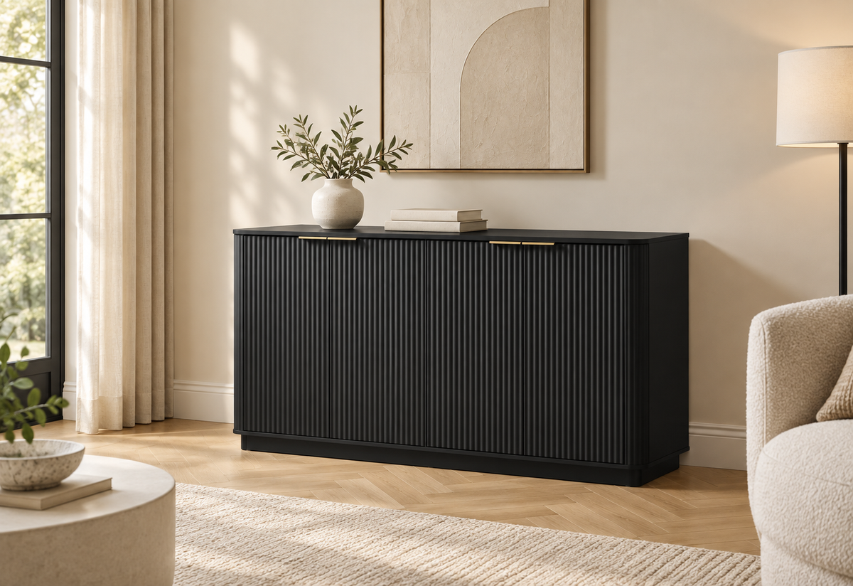 Buffet noir cannelé 160 cm dans un salon contemporain