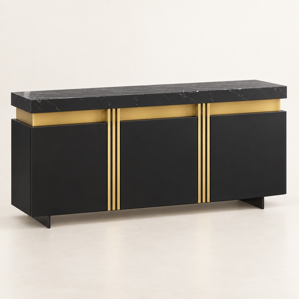 Buffet noir 140 cm trois portes et plateau effet marbre vue trois-quarts