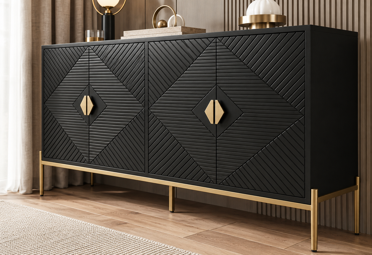 Détail du relief géométrique et des poignées dorées du buffet noir 162 cm
