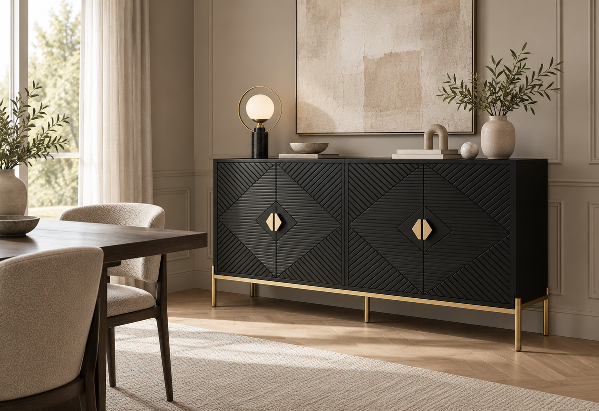 Buffet noir géométrique 162 cm dans une salle à manger contemporaine