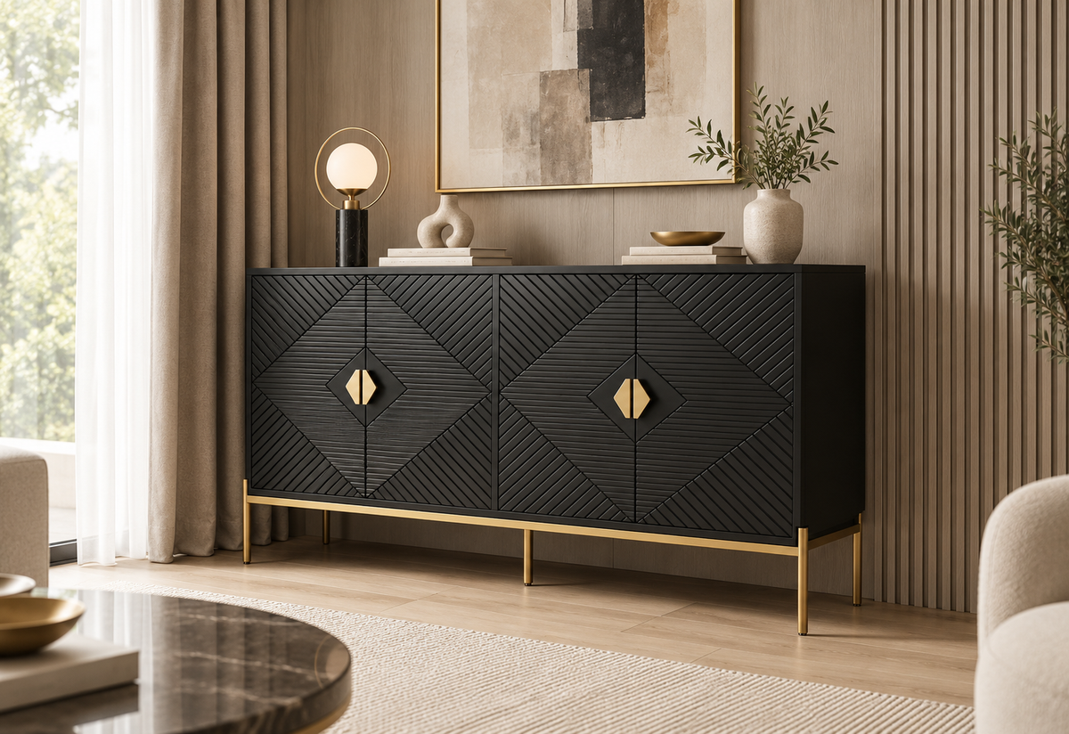 Buffet noir géométrique 162 cm dans un salon contemporain