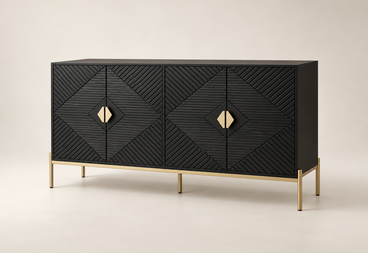 Buffet noir géométrique 162 cm quatre portes vue trois-quarts