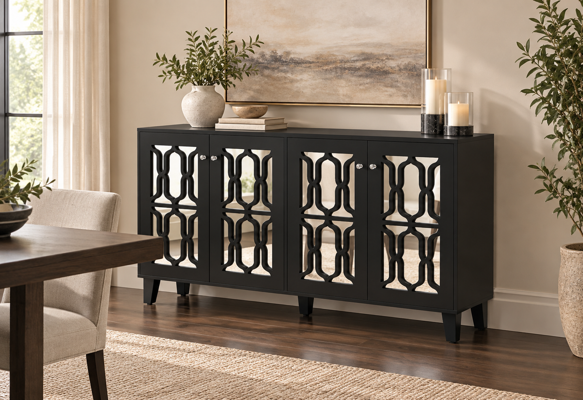 Buffet noir miroir 160 cm dans une salle à manger contemporaine