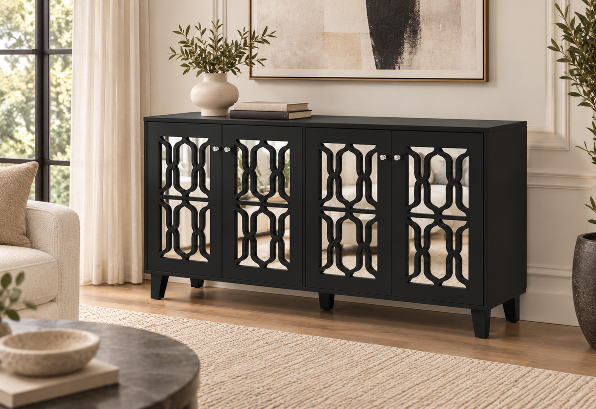 Buffet noir miroir 160 cm dans un salon contemporain