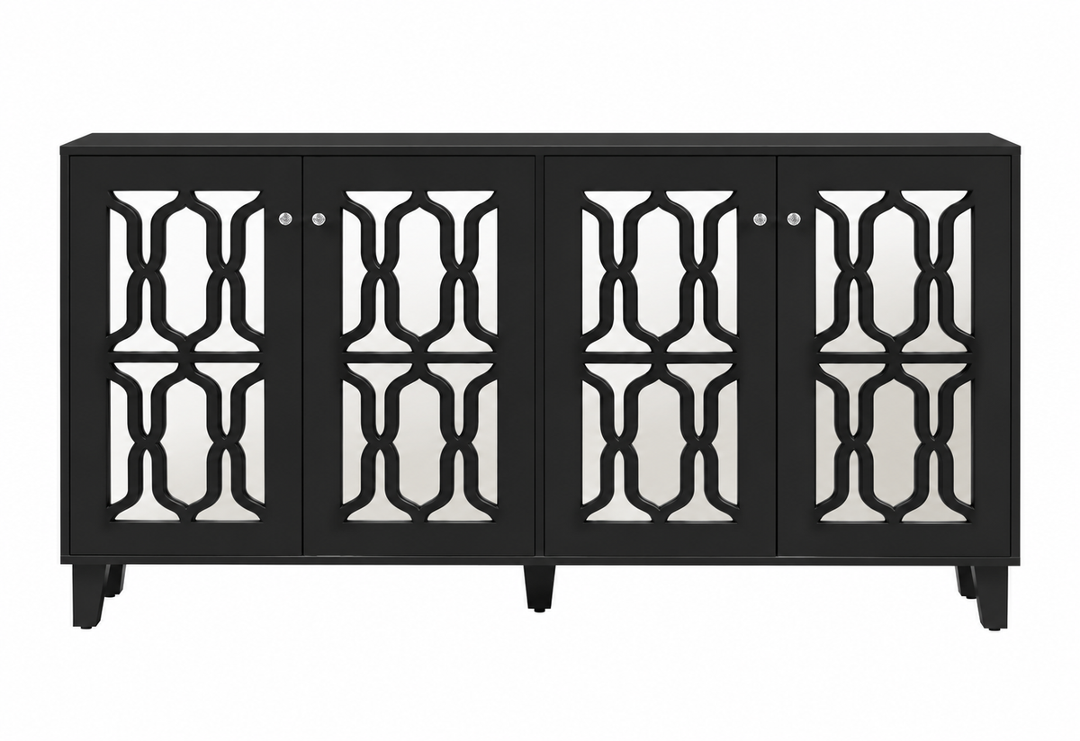 Buffet noir miroir 160 cm quatre portes vue de face
