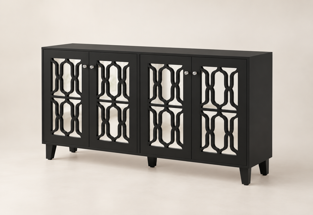 Buffet noir miroir 160 cm quatre portes vue trois-quarts