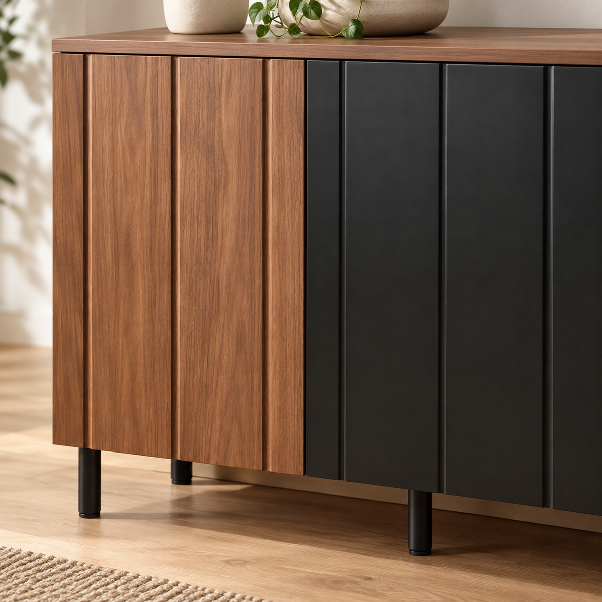 Détail des façades rainurées noires et noyer du buffet 160 cm