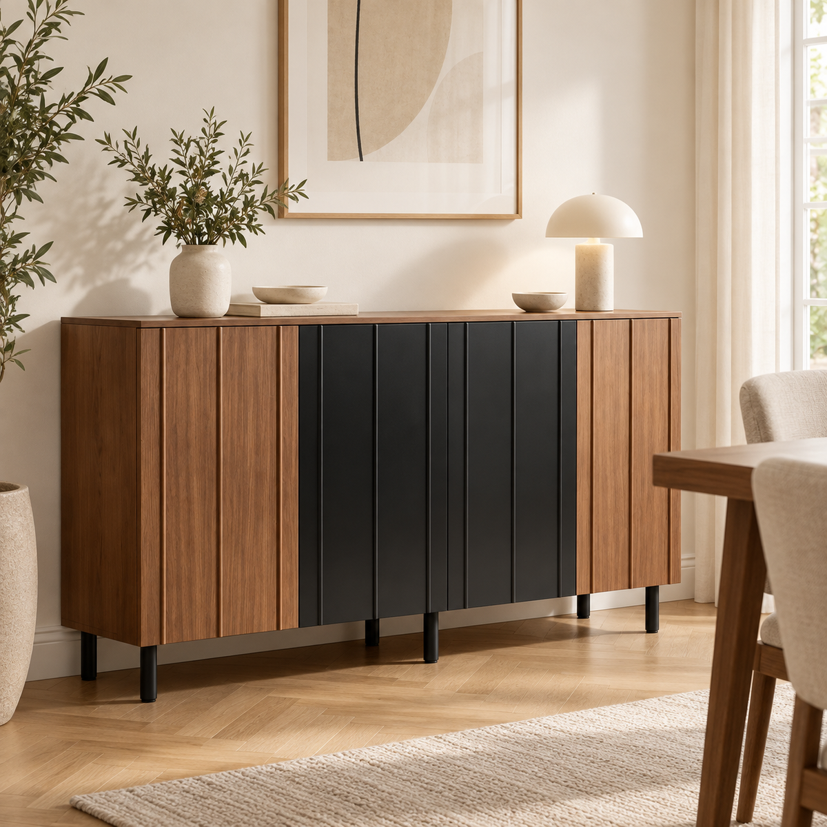 Buffet noir et noyer 160 cm dans une salle à manger contemporaine