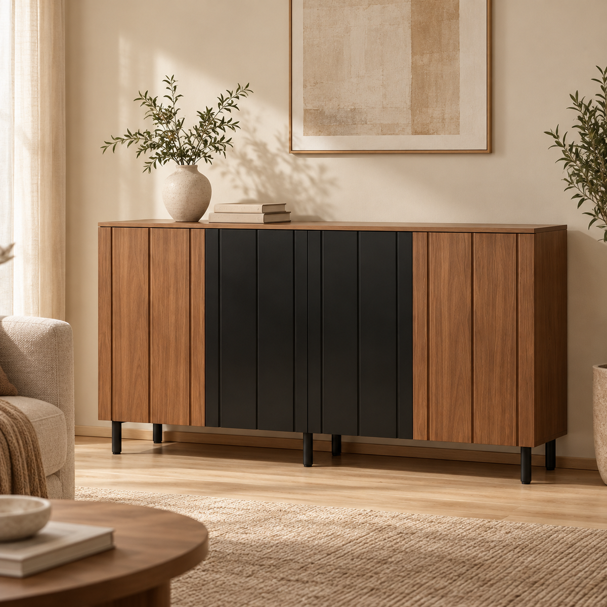 Buffet noir et noyer 160 cm dans un salon contemporain