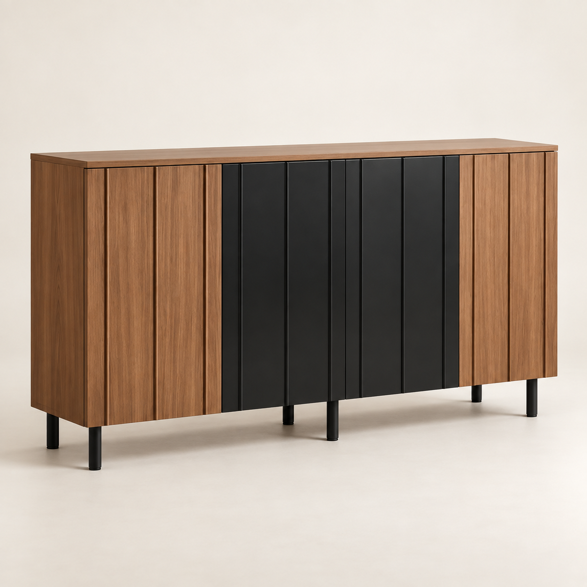 Buffet noir et noyer 160 cm quatre portes vue trois-quarts