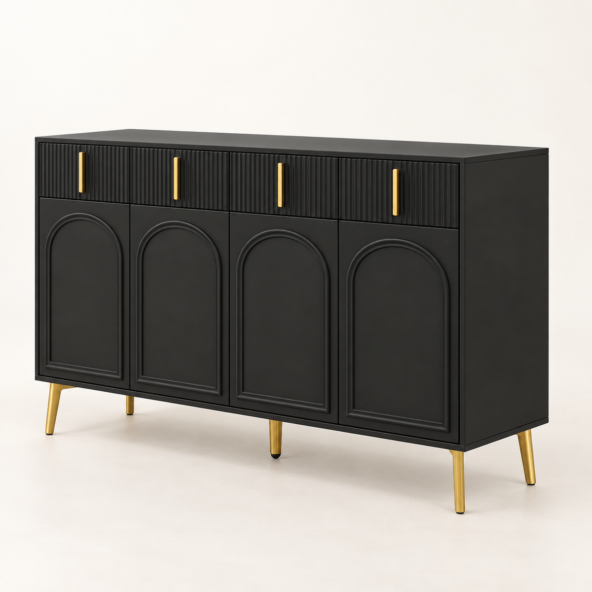 Buffet noir 140 cm quatre portes cintrées et quatre tiroirs vue trois-quarts